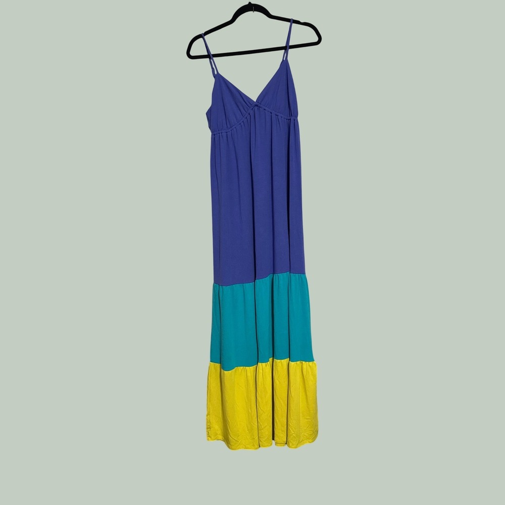 Christine V Colorblock Tiered Maxi Dress Purple Teal Yellow Size M Sleeveless